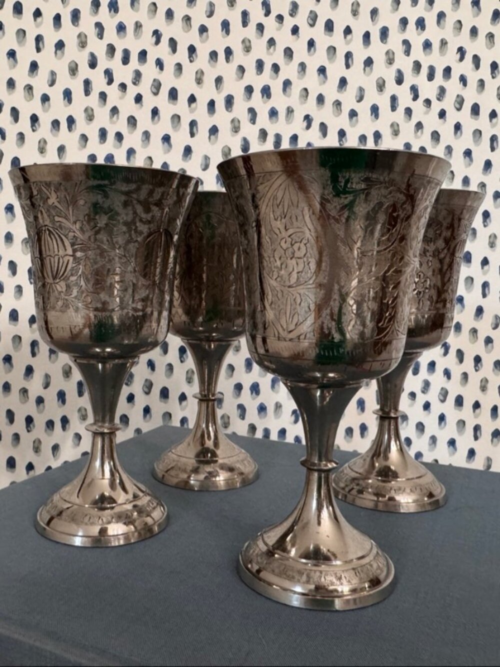 Set of 4 Vintage Indian Engraved Brass Wine Goblets Chalices